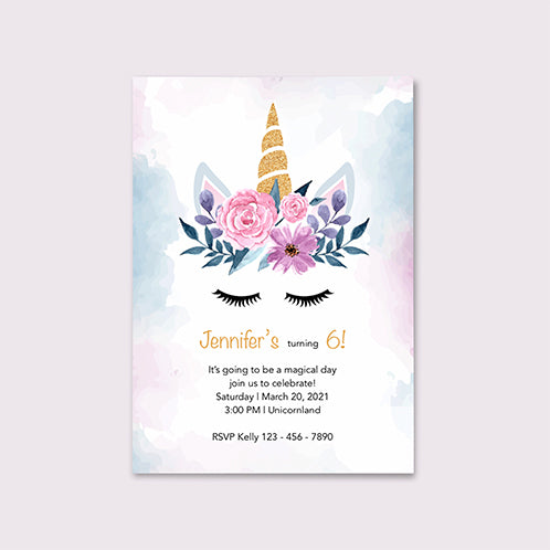 Watercolor Unicorn Girls Birthday Invitation